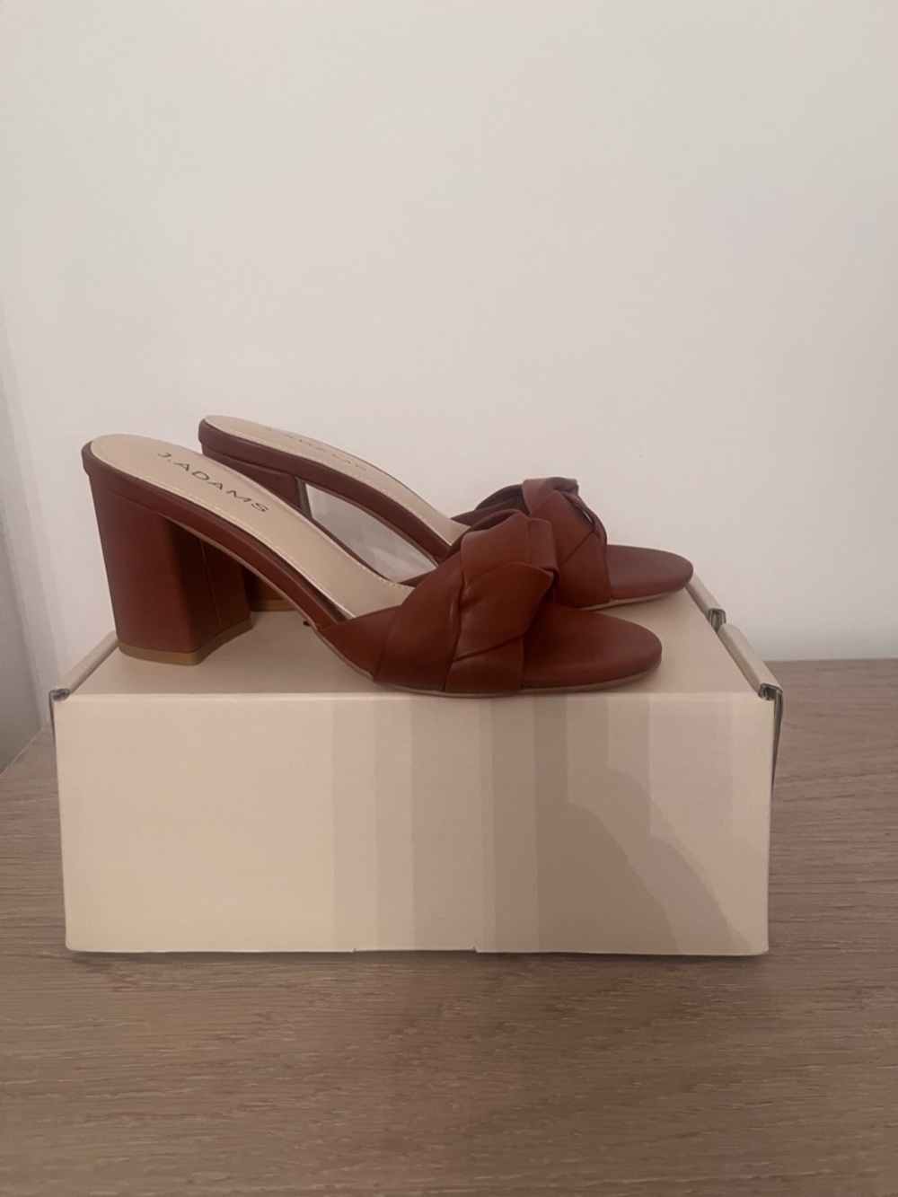 J Adams Cognac Braided Leather Block Heel Mules